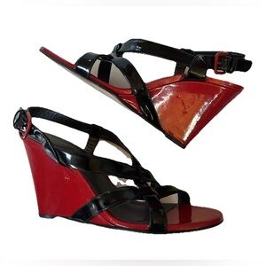 Stuart Weitzman Wedge Sandals Sz 9 Black And Red Leather Crisscross Strappy